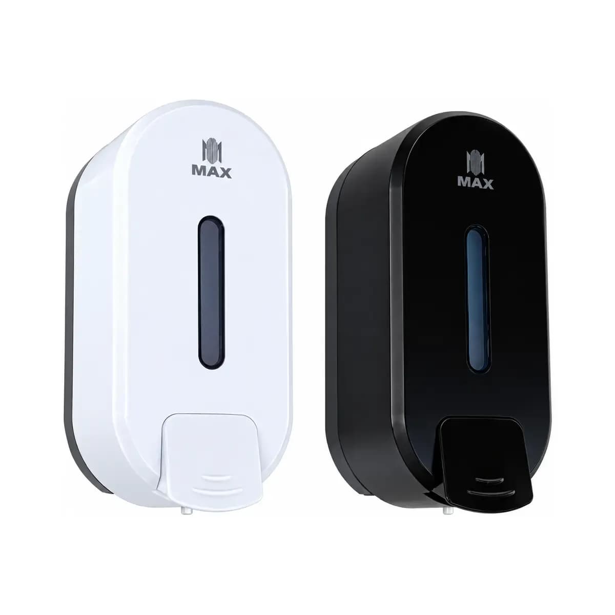 White and black rounded wall dispensers with narrow vertical viewing windows.