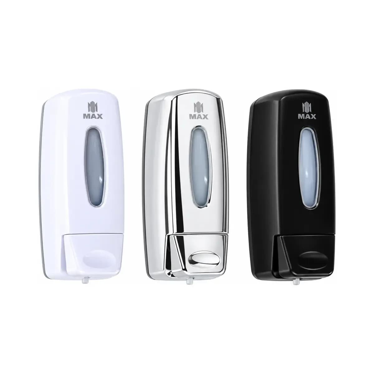 White, reflective silver-finish and black dispensers with small viewing windows and lower push sections.