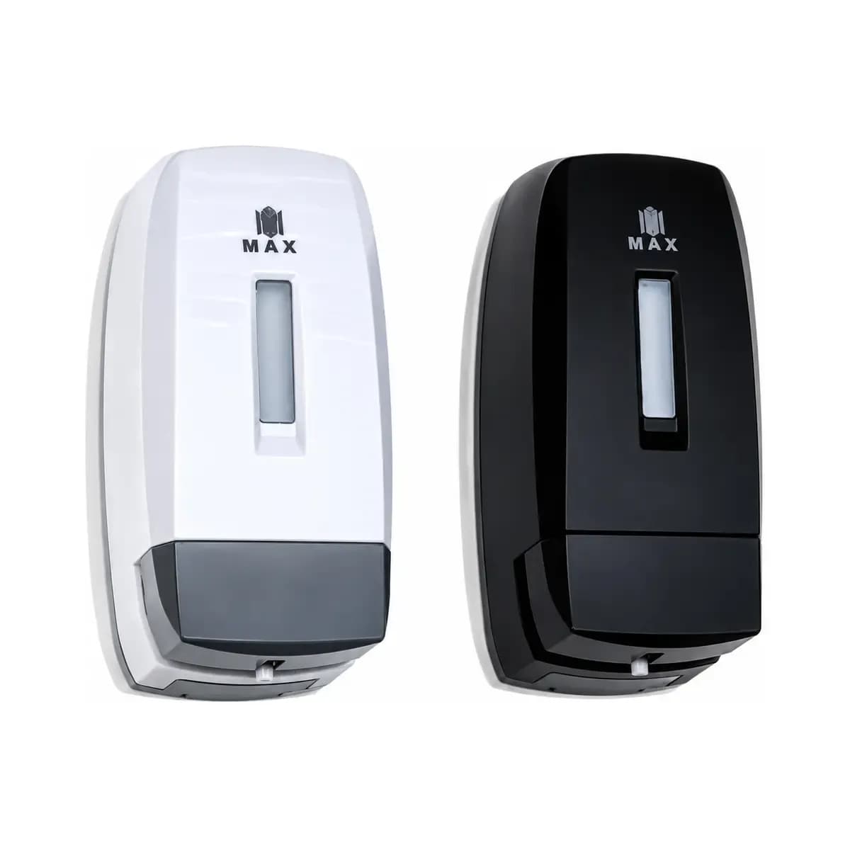 White and black broad wall dispensers with vertical windows and dark lower push sections.