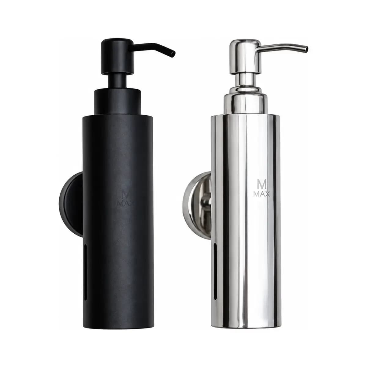 Black and silver-finish cylindrical pump dispensers with wall mounting supports.
