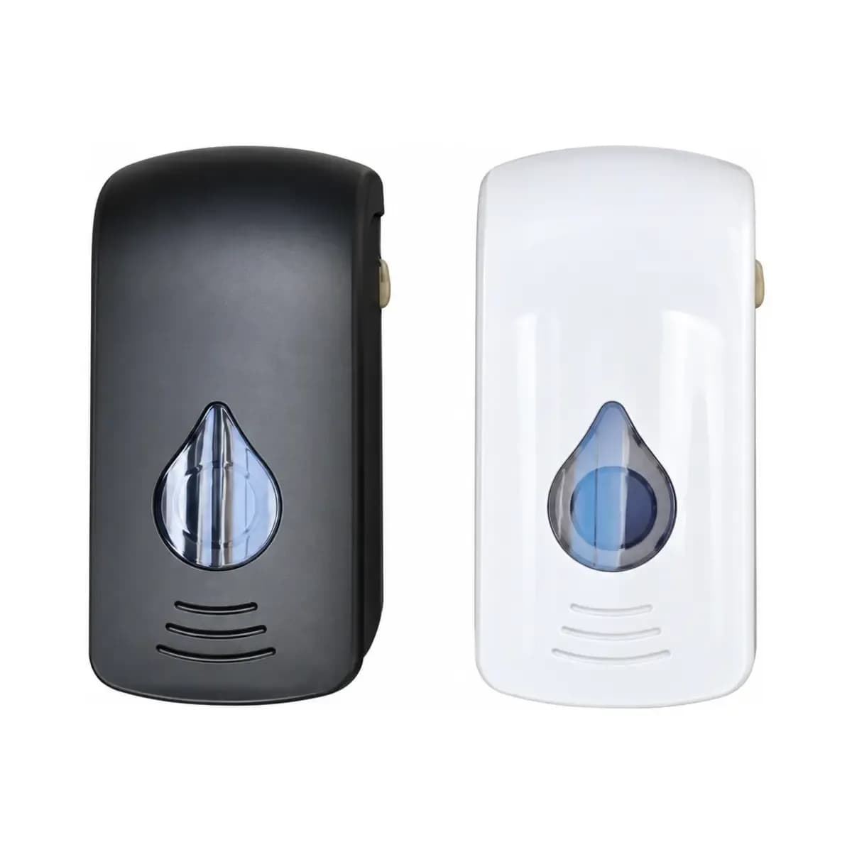 Black and white wall dispensers with teardrop-shaped front windows.