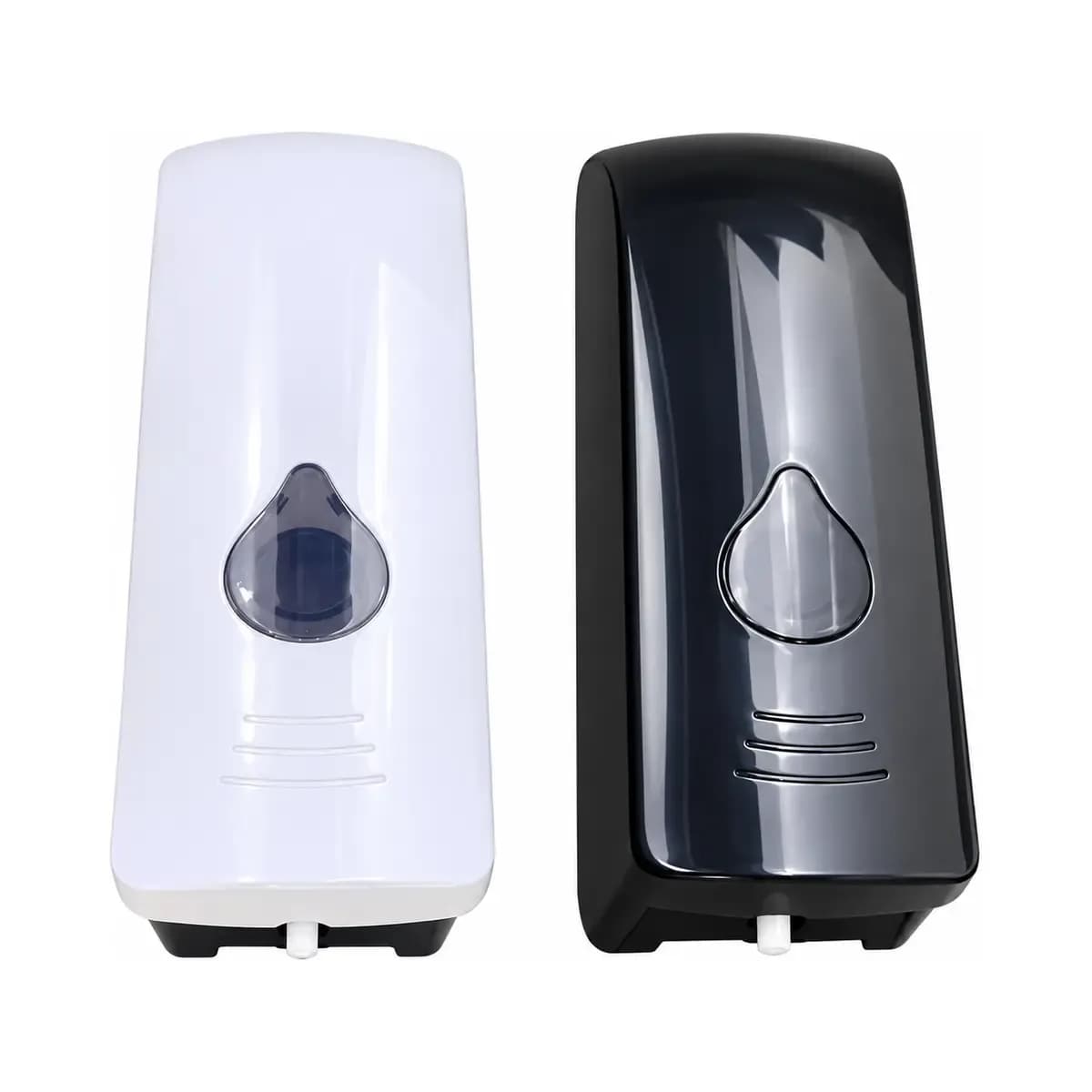 White and black tall curved dispensers with teardrop-shaped windows and lower controls.