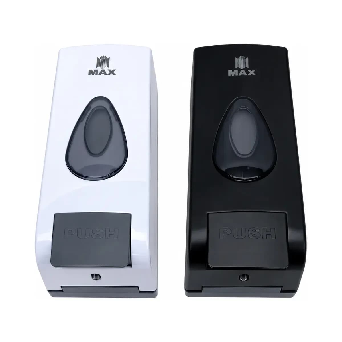 White and black dispensers with teardrop-shaped windows and broad lower push panels.