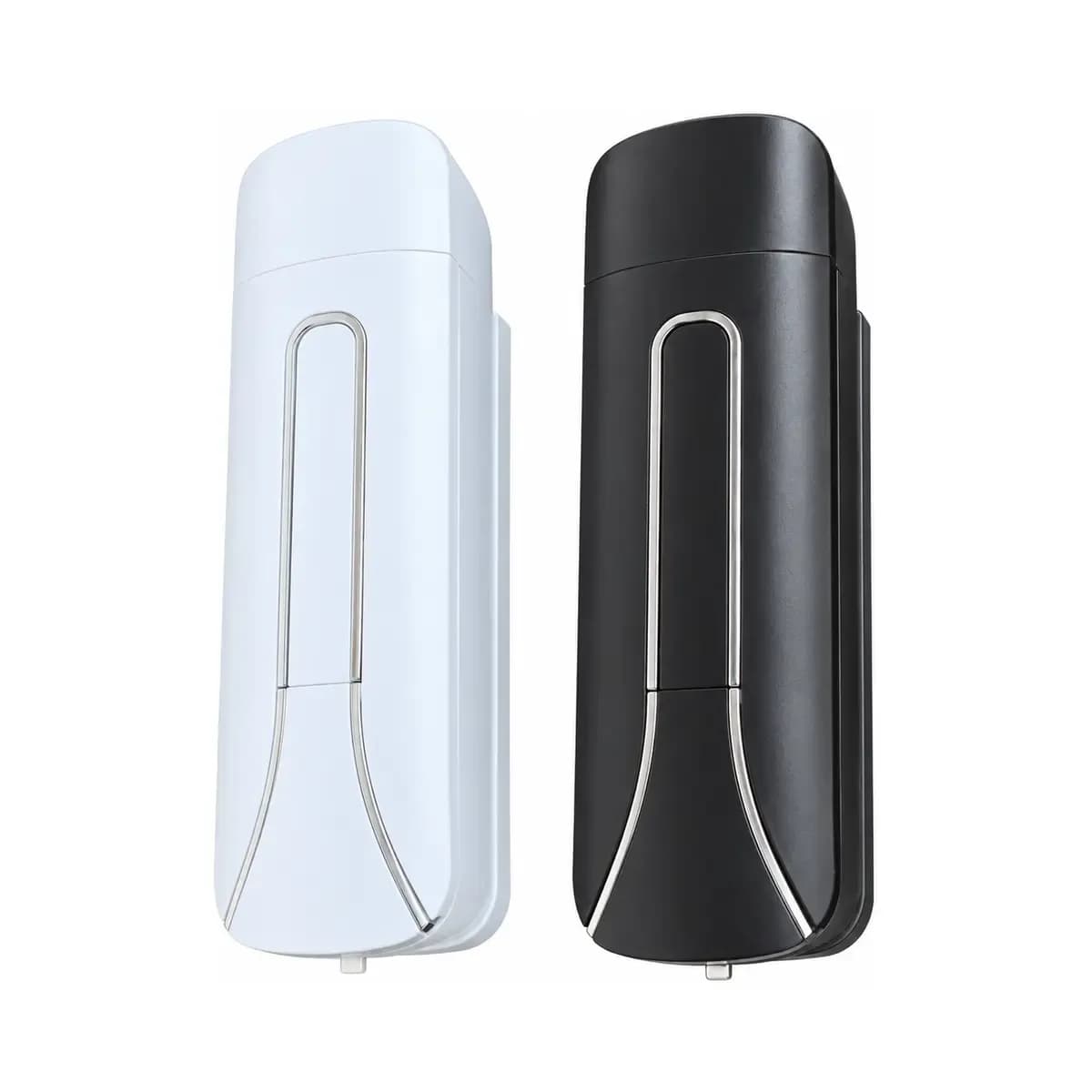 White and black slim wall dispensers with long curved inset outlines.