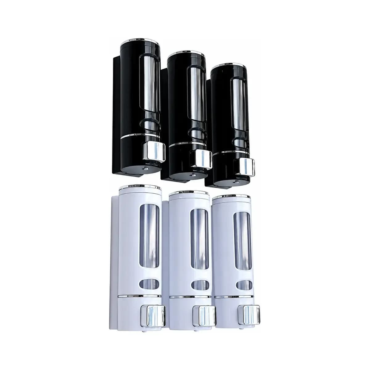 Black and white grouped three-chamber wall dispensers with individual front windows.