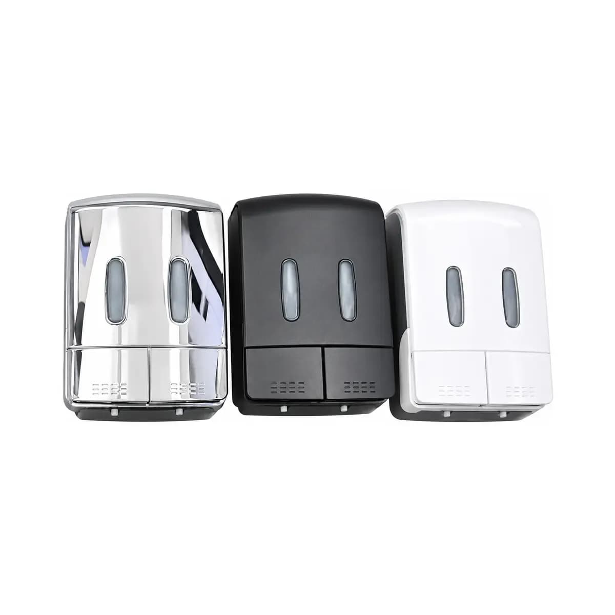 Reflective silver-finish, dark and white rectangular wall dispensers with paired front windows.