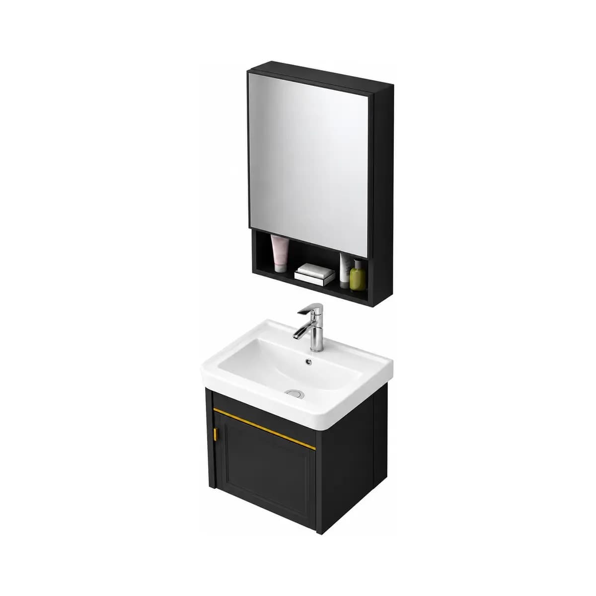 Black wall-style vanity with a white basin and tap, below a rectangular mirror with an open lower shelf.