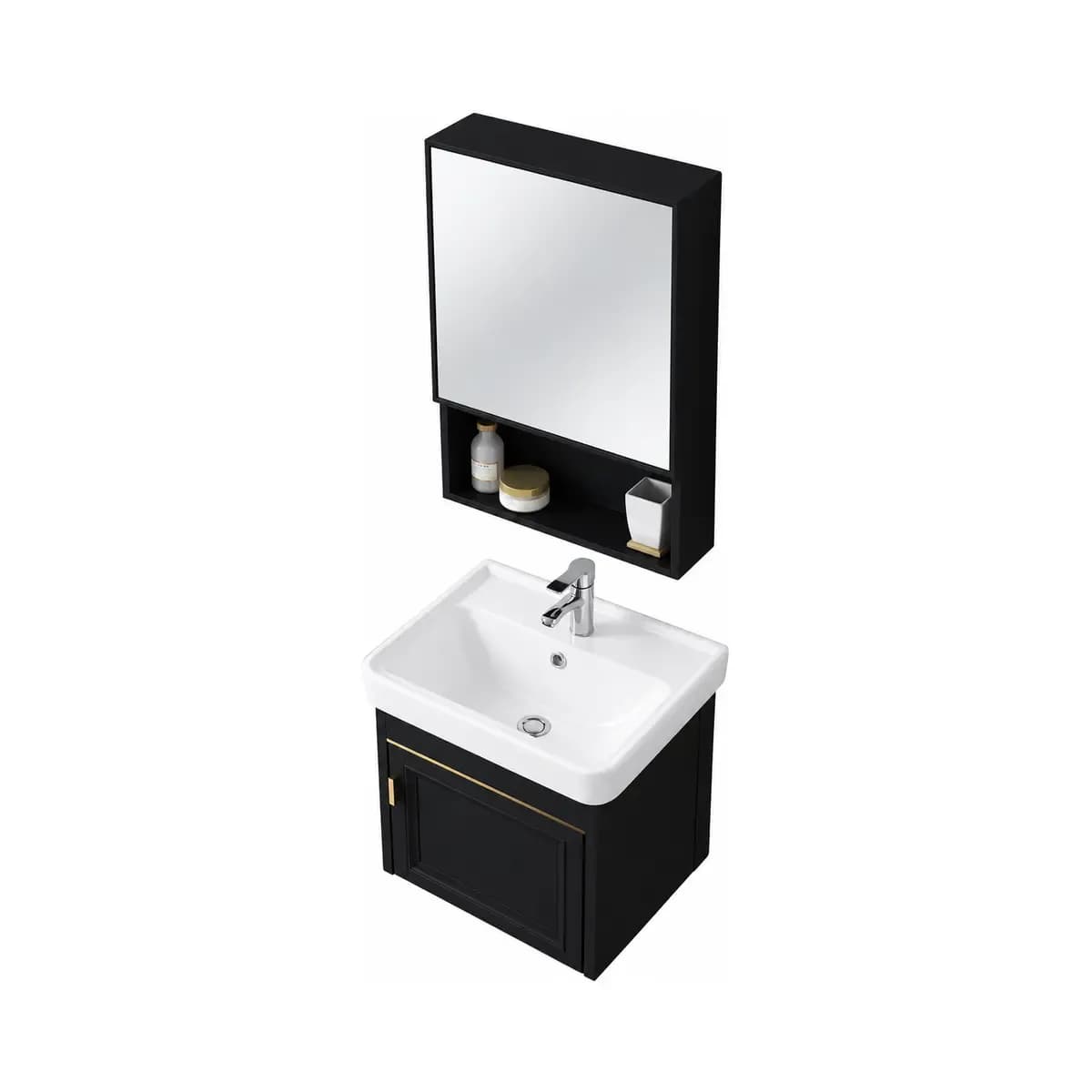 Black two-door-looking vanity with a white basin and tap, paired with a black-framed mirror and small shelf.