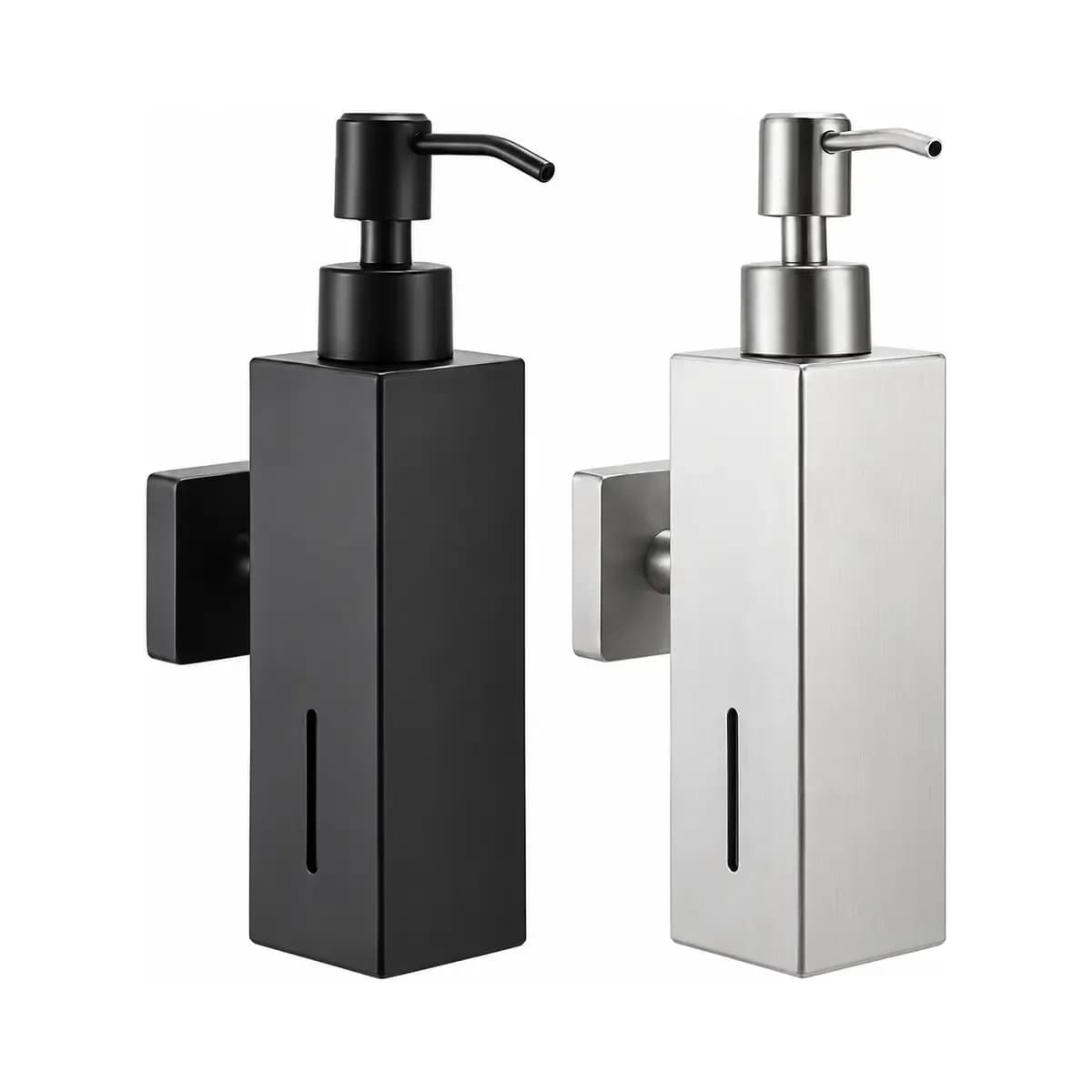 Black and silver-finish square-section pump dispensers with wall mounting plates.