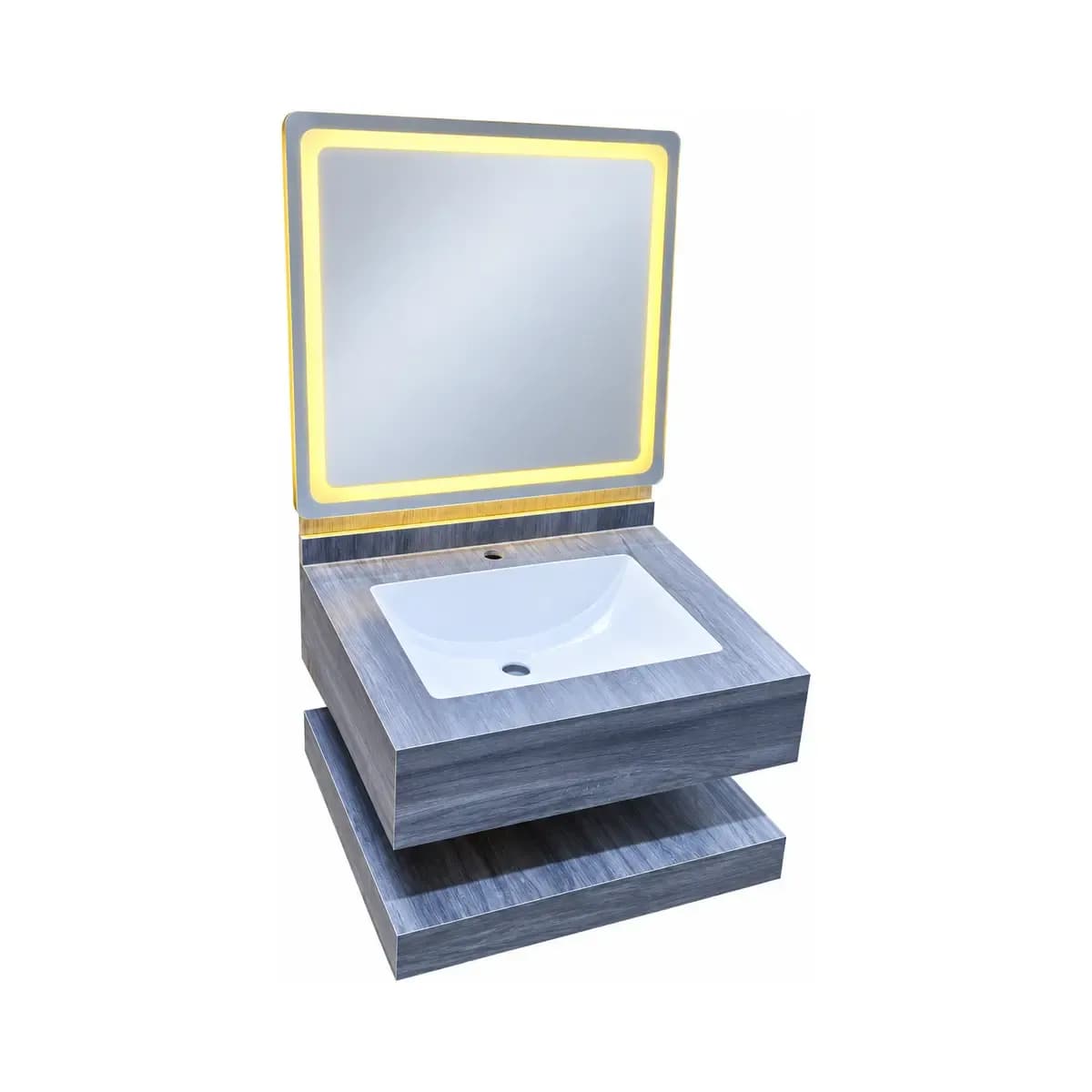 Grey patterned vanity with an inset white basin, open lower shelf and rectangular mirror depicted with a glowing edge.