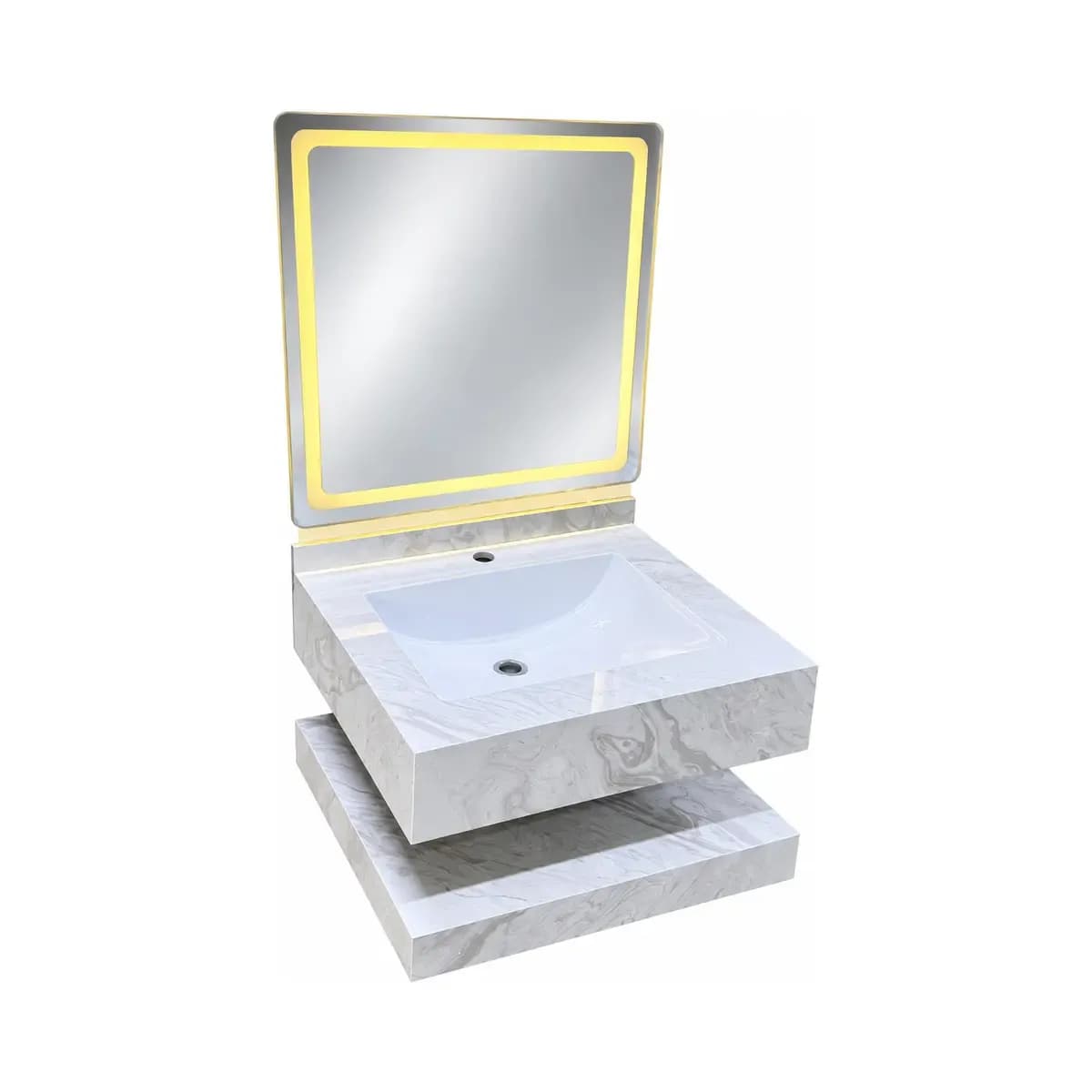 Light patterned vanity with a white basin, open shelf and a rectangular mirror depicted with an illuminated-looking border.