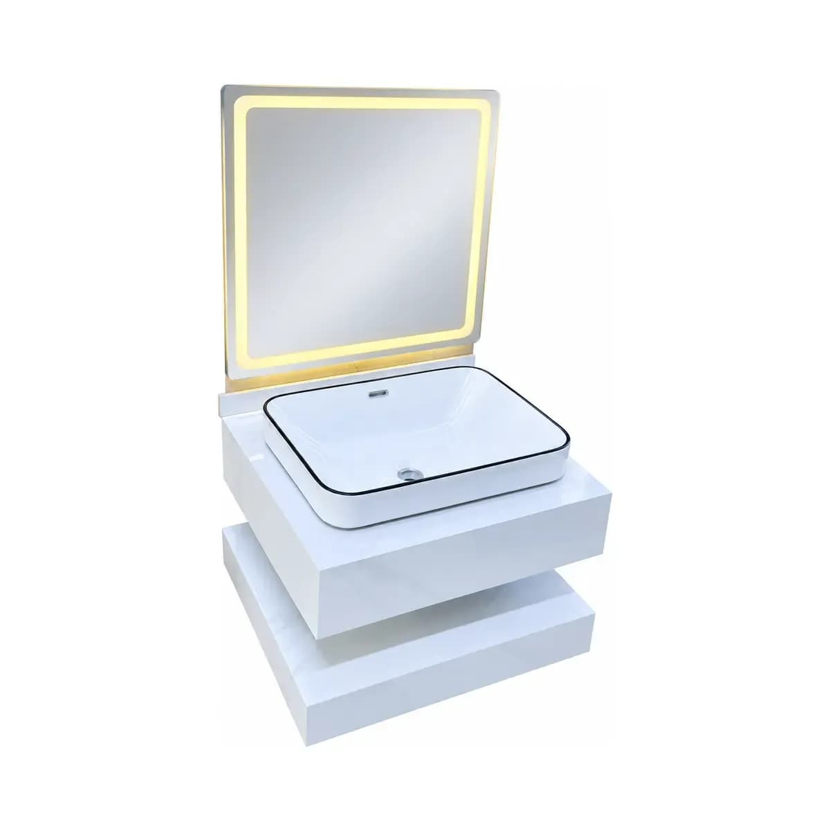 White vanity with a raised rectangular basin, lower shelf and a rectangular mirror with a bright-looking edge.