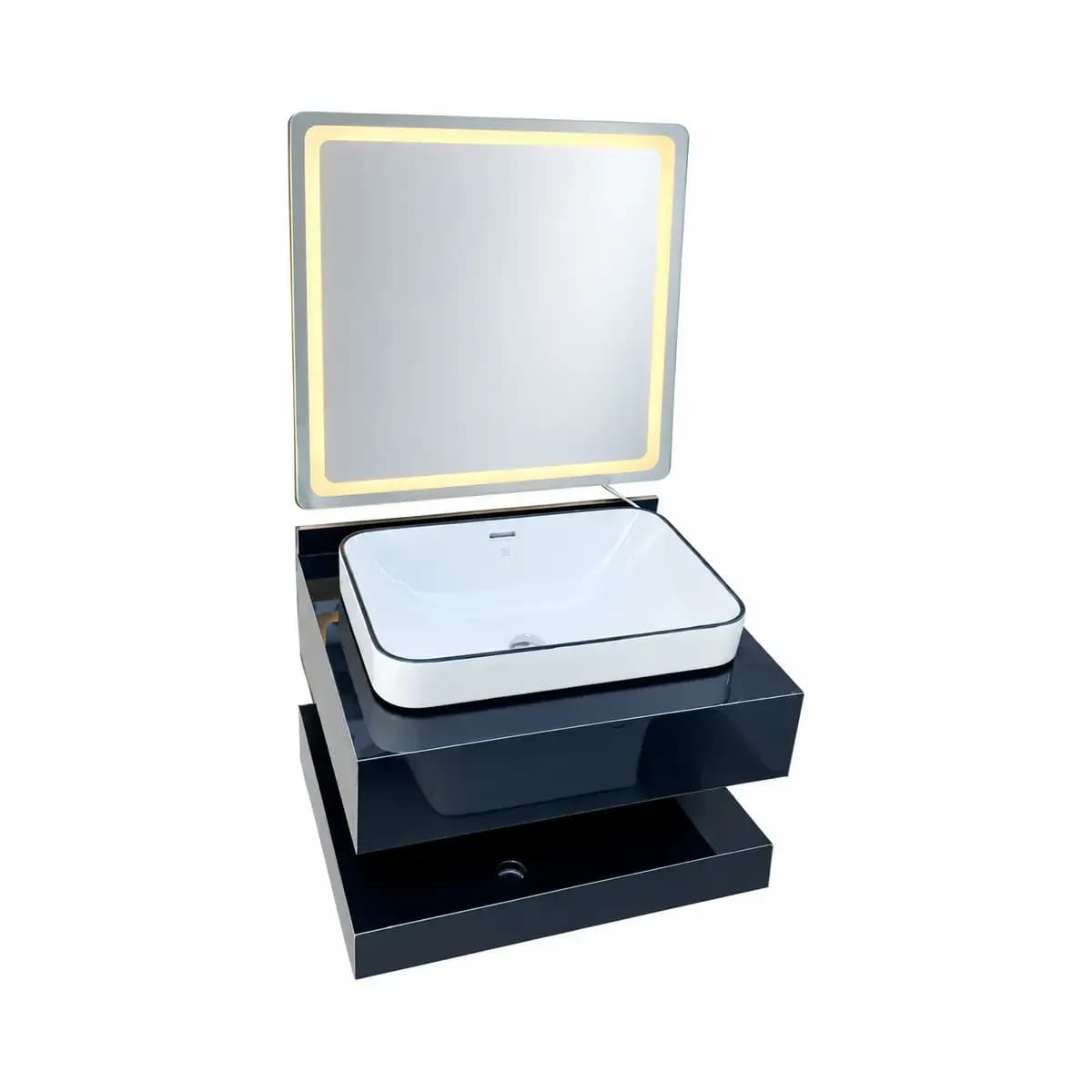 Dark glossy-looking vanity with raised rectangular basin, lower shelf and a mirror depicted with a bright-looking frame.
