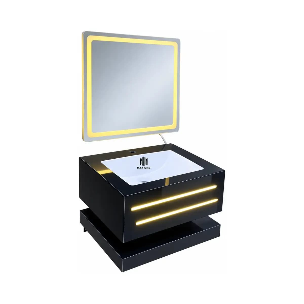 Black basin vanity with lower shelf, paired with a framed mirror; bright horizontal strips are depicted on the cabinet front.