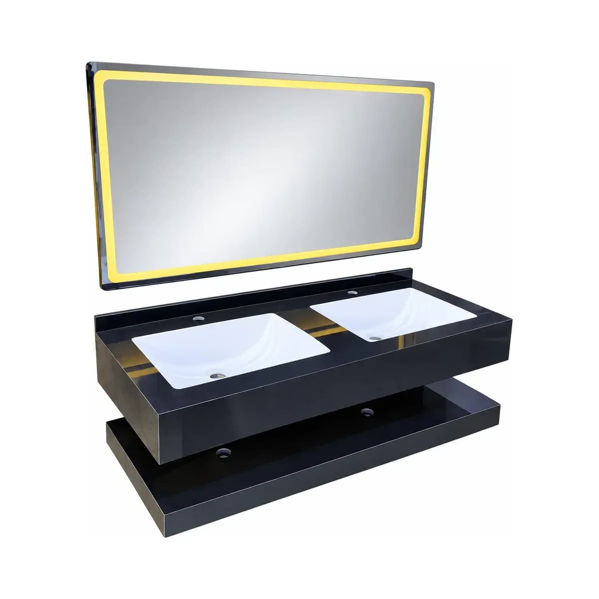 Wide dark vanity with two white basin areas and a large horizontal mirror depicted with a glowing border.