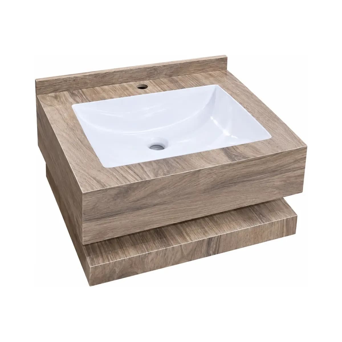 Brown wood-look vanity with a white inset basin and a separate-looking lower open shelf.