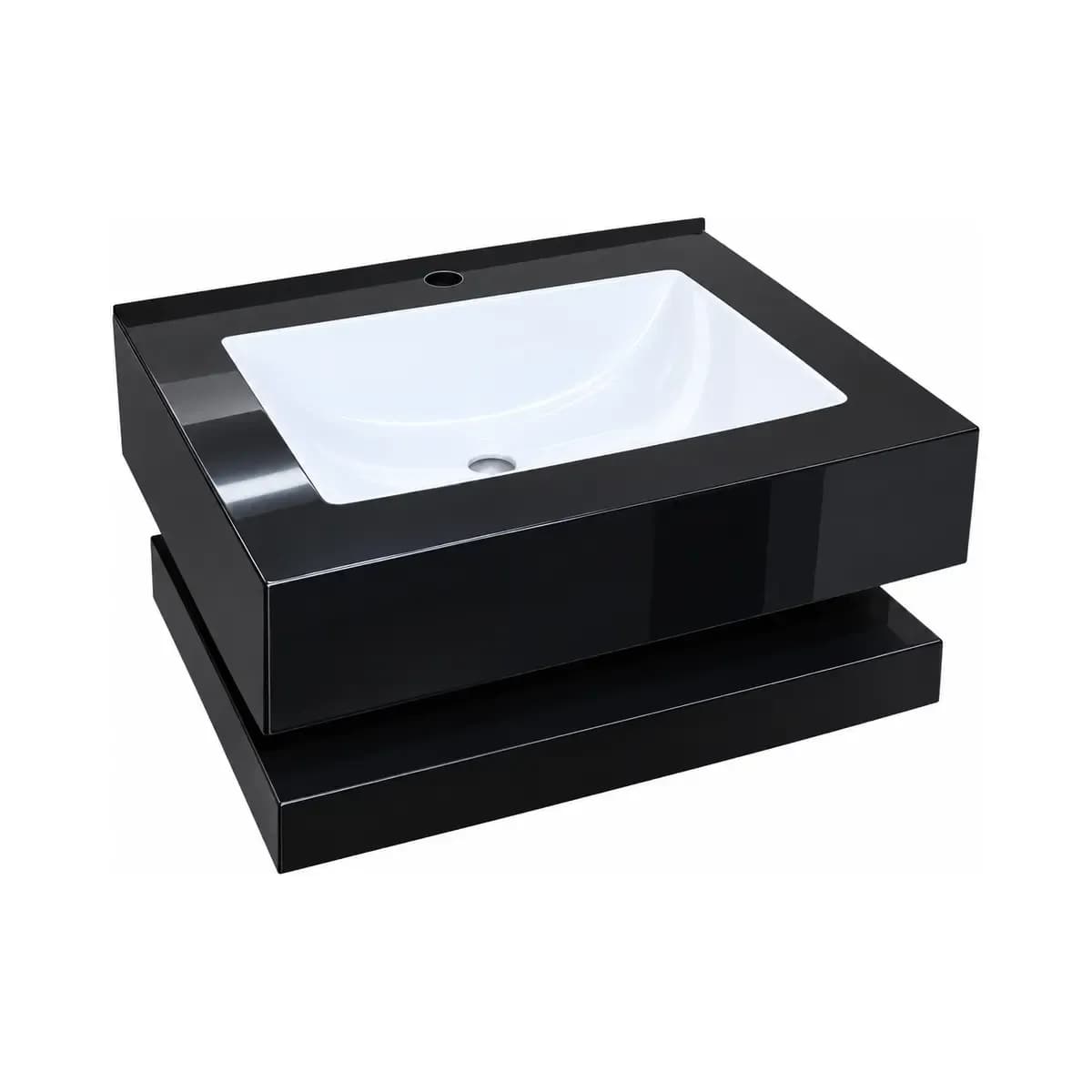 Black wall-style vanity with a white inset basin and lower open shelf.