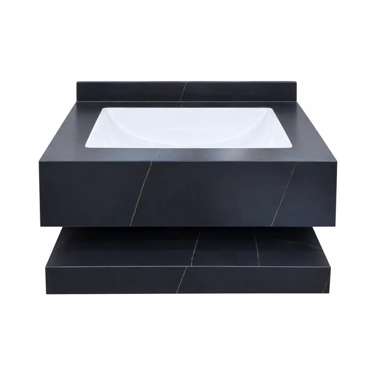 Dark patterned basin vanity with a white rectangular basin and lower open shelf.