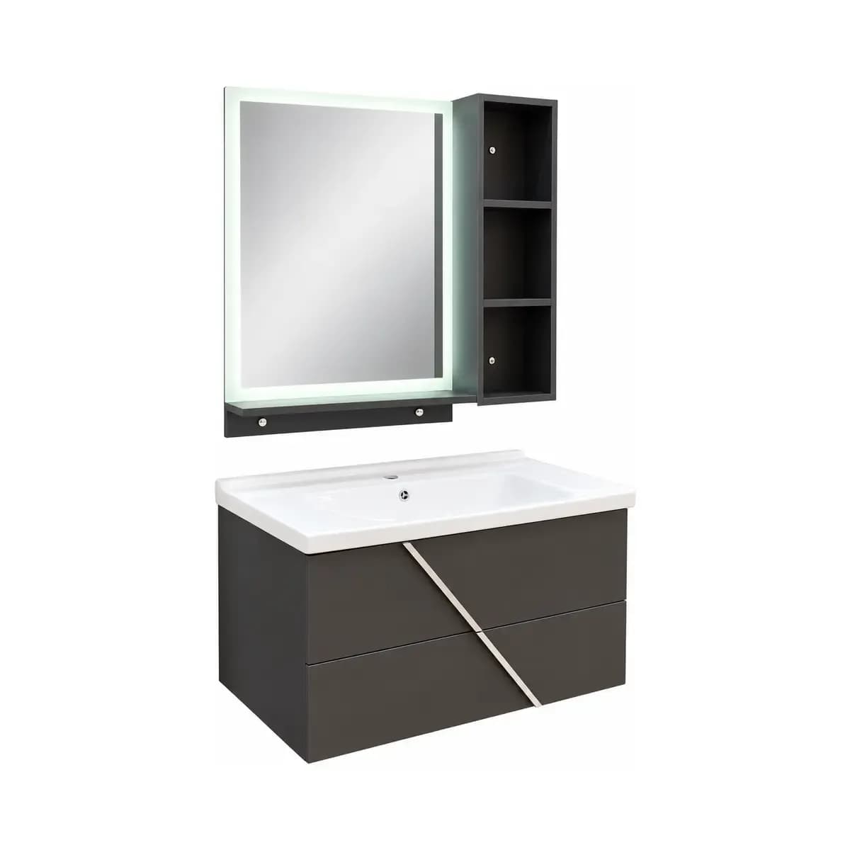 Dark drawer-style basin vanity with a white top and a mirrored cabinet featuring open side shelves.