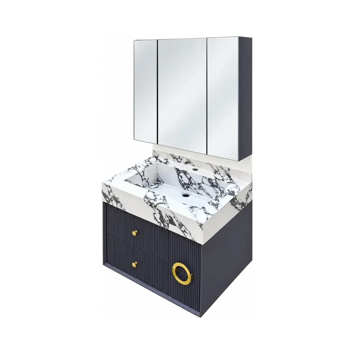 Black cabinet with gold-coloured handle details and a light heavily patterned basin top, beneath a multi-panel mirrored cabinet.
