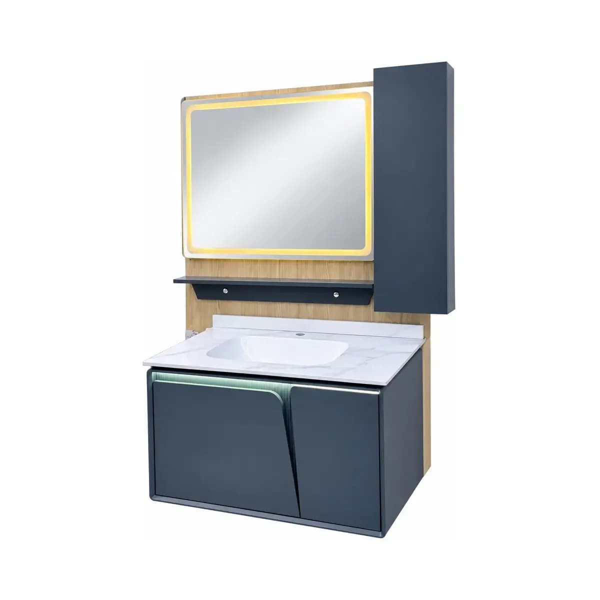 Dark two-door-looking basin vanity beneath a tall rectangular mirror and side cabinet; an illuminated-looking border is depicted.