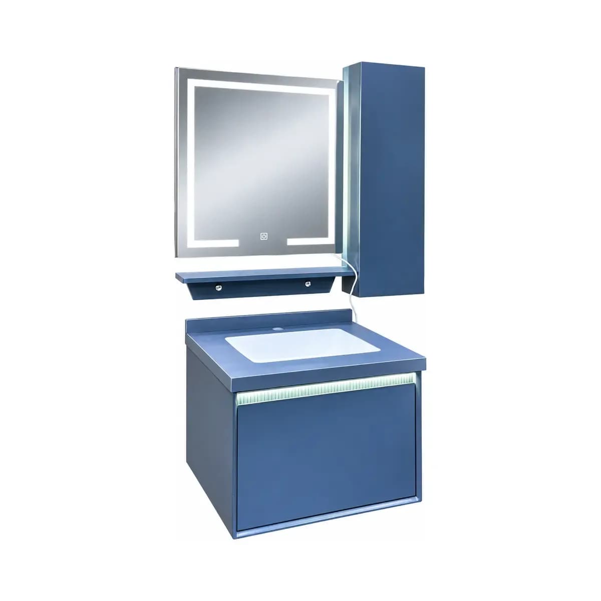 Blue-toned basin vanity with a bright-looking upper strip, paired with a framed mirror and side storage panel.