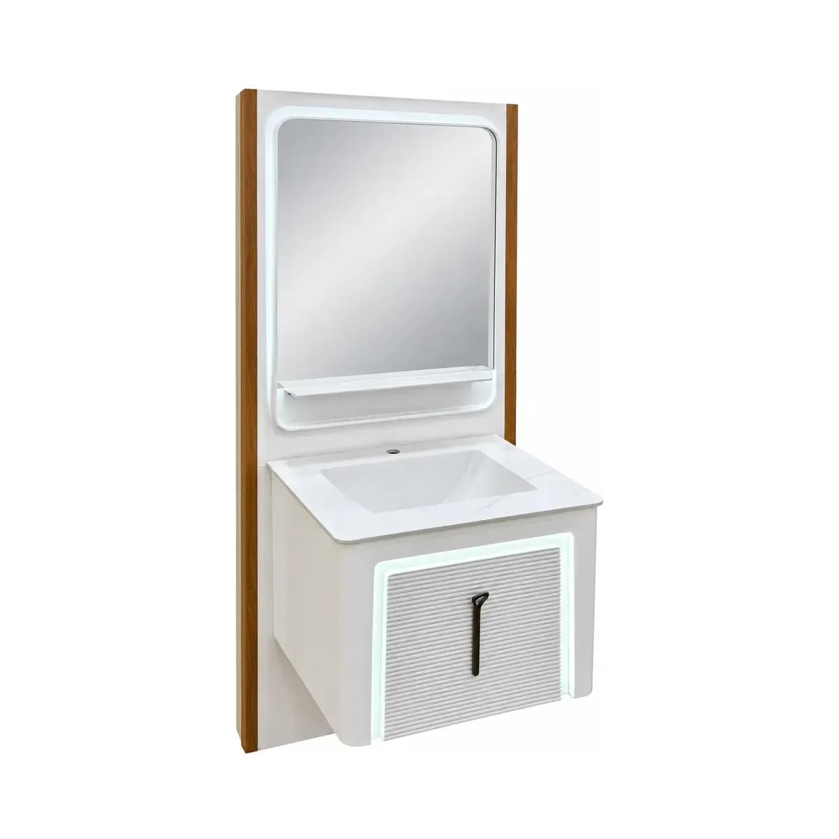 White basin cabinet with dark handles, shown beneath a tall rectangular mirror and wood-look backing panel.