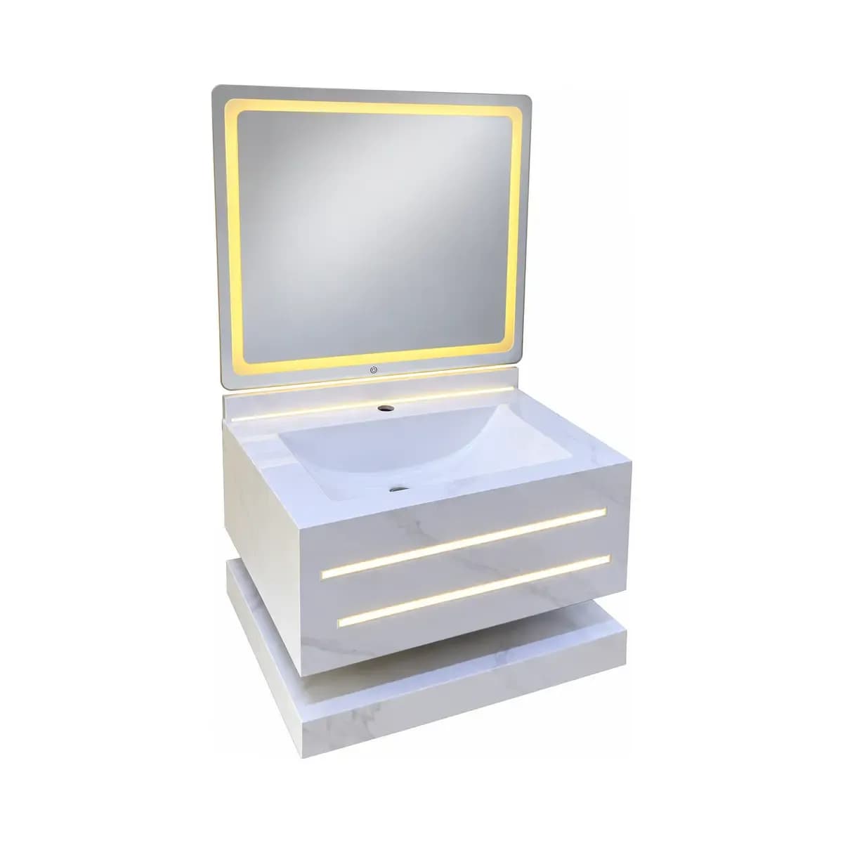 White vanity with basin and lower shelf; bright horizontal front strips and a glowing-looking mirror border are depicted.