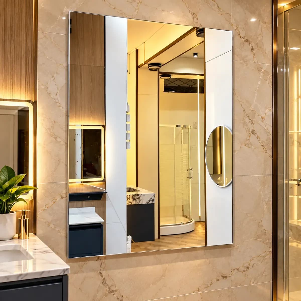 Tall rectangular bathroom mirror shown on a patterned wall, reflecting a styled bathroom scene.
