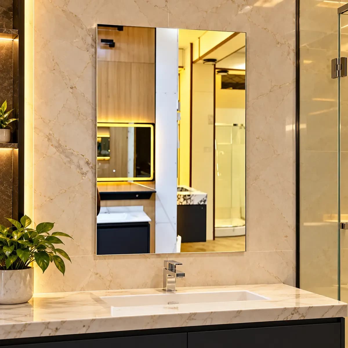 Slim upright rectangular mirror with a narrow-looking edge, depicted above a basin.
