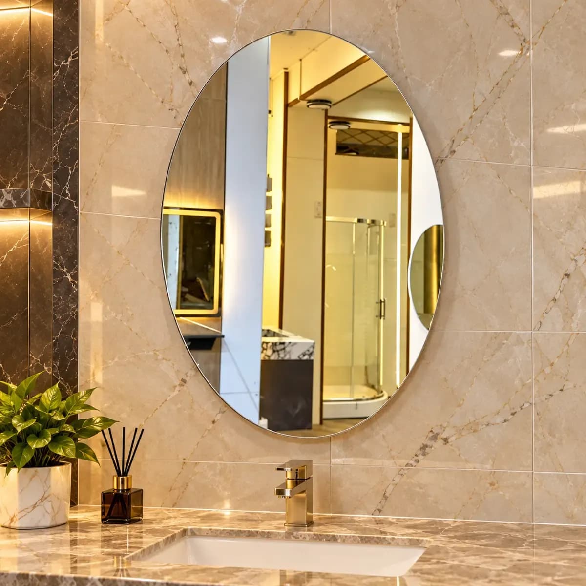 Oval bathroom mirror with rounded sides and a narrow-looking edge.