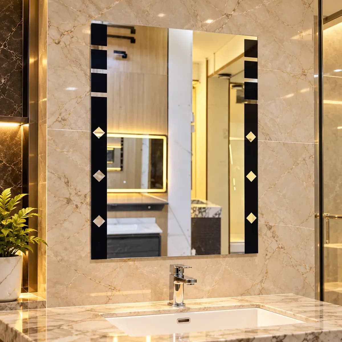 Rectangular mirror with black side sections and small pale diamond-like accents.