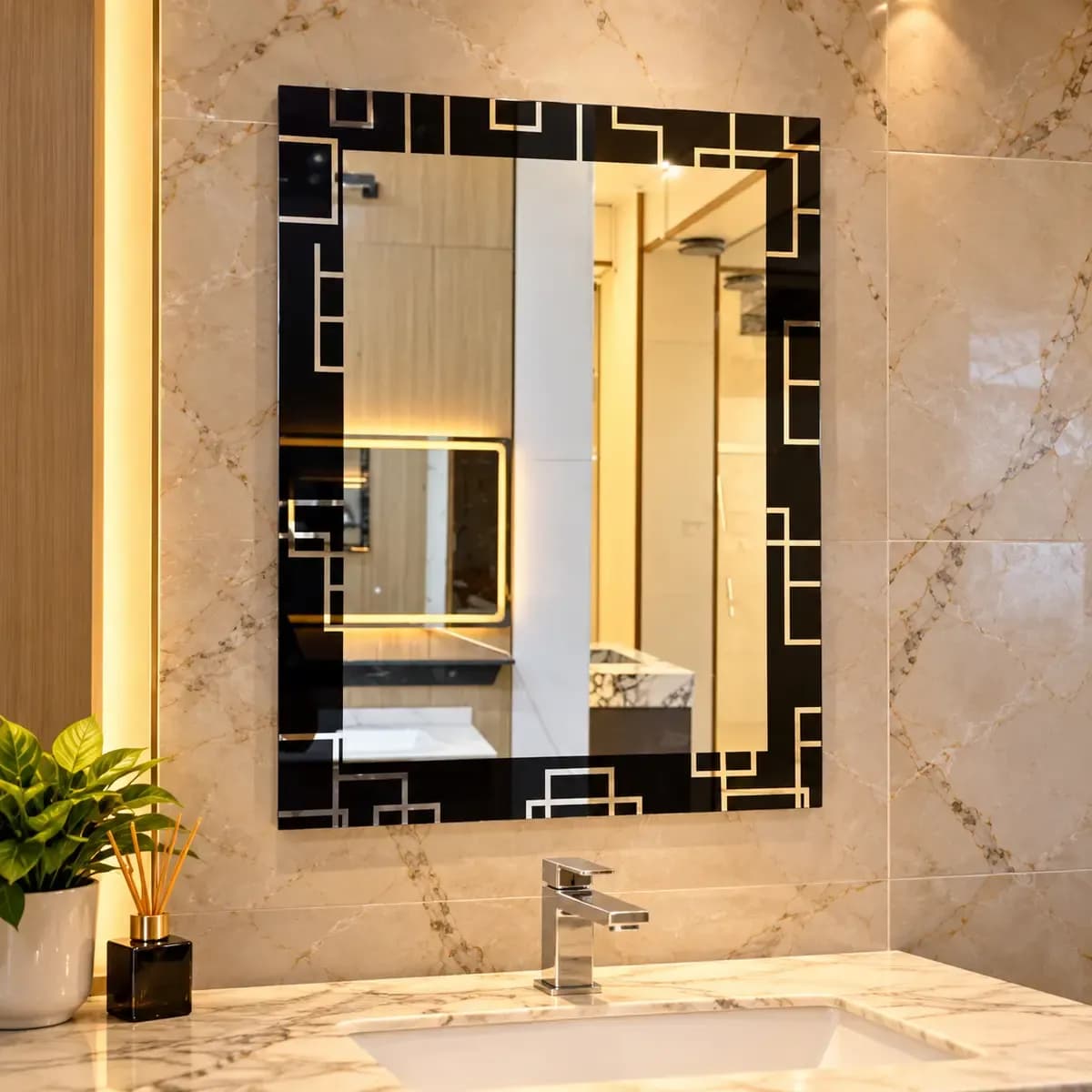 Bathroom mirror with a dark rectangular border and a light geometric line pattern.