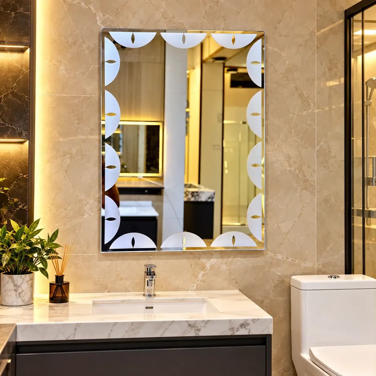 Rectangular mirror with a pale border decorated with repeated rounded geometric motifs.