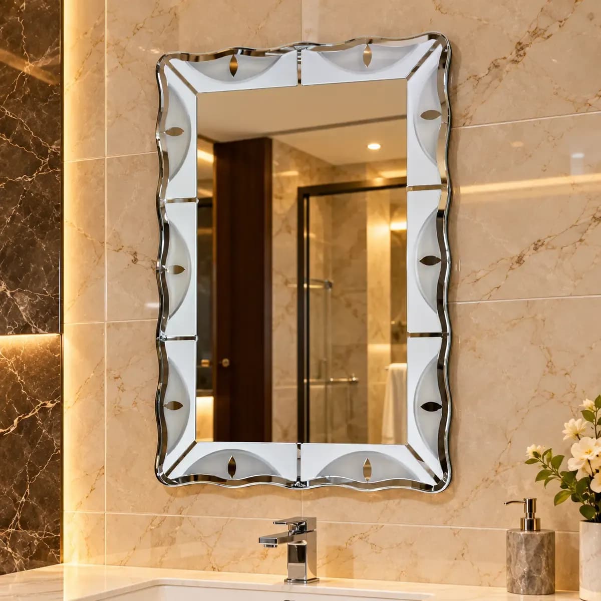 Rectangular mirror with a wavy-looking border and repeated curved ornament shapes.