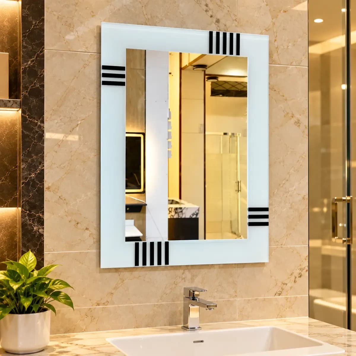 Rectangular mirror with a broad white-looking border and dark stripe details at the sides.