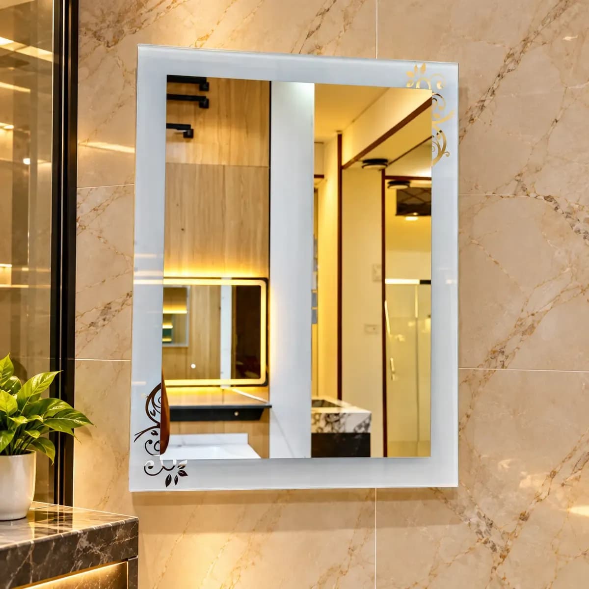 Rectangular mirror with pale border and small curled ornamental motifs.