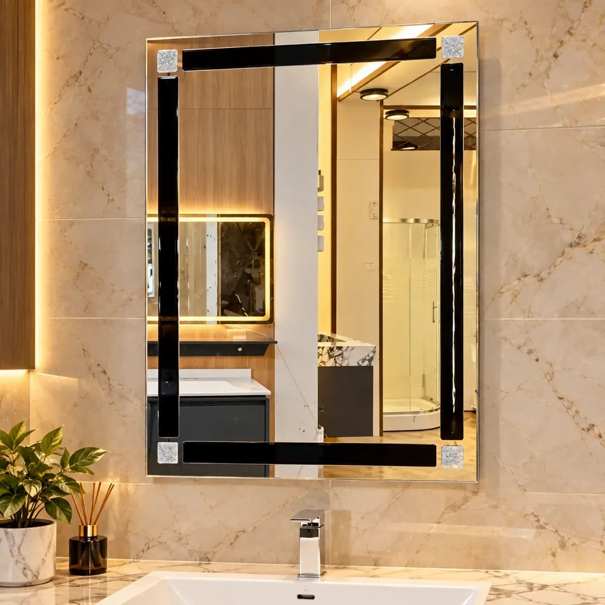 Rectangular mirror with dark border and pale decorative corner details.