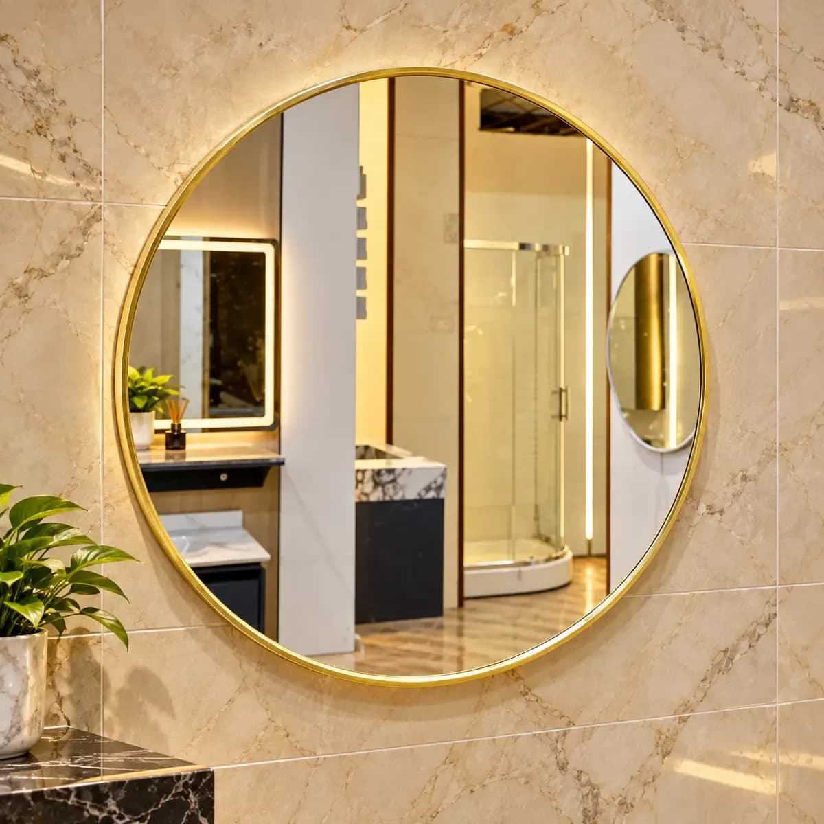 Round bathroom mirror with a narrow gold-coloured edge, depicted above a basin.