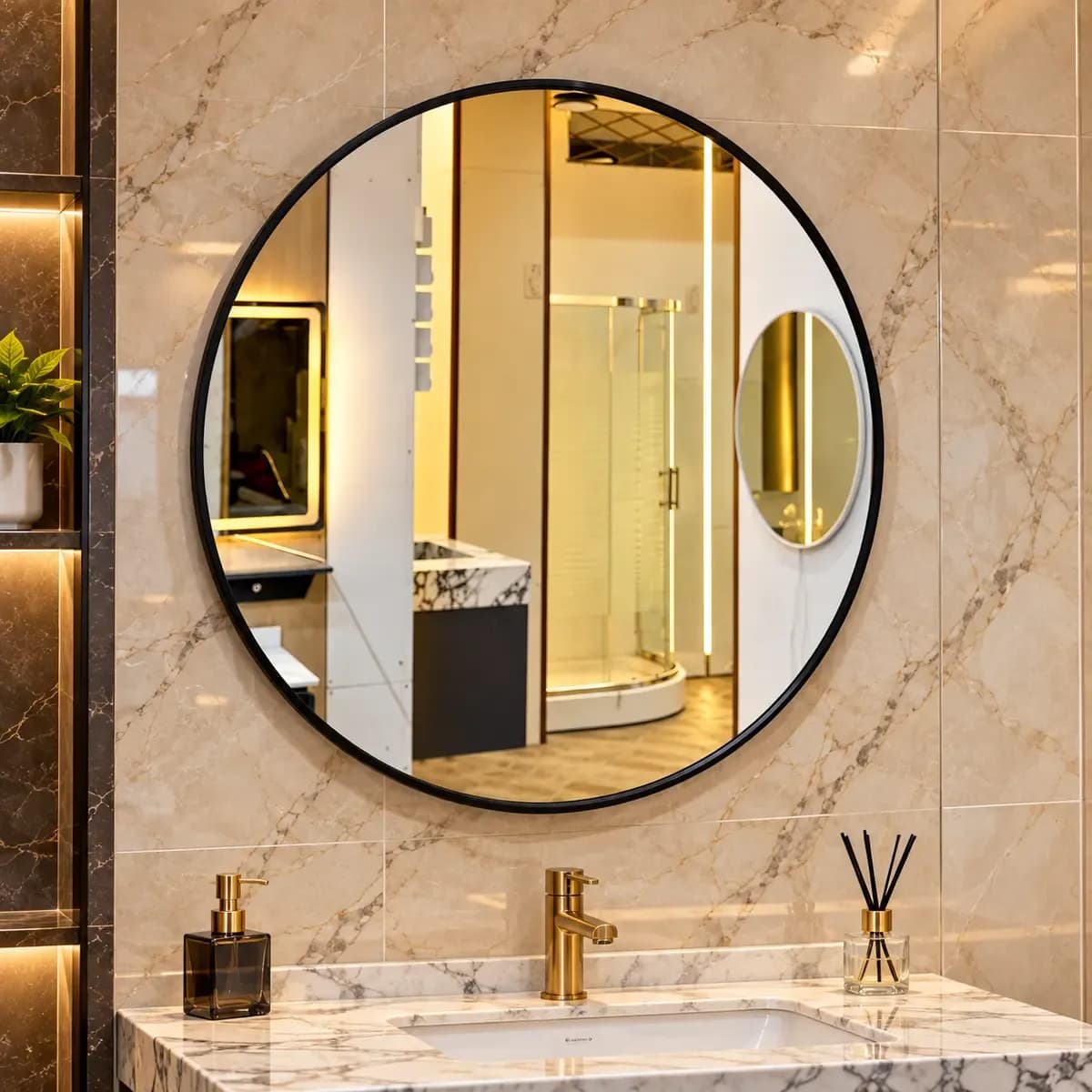 Round bathroom mirror with a narrow black edge, shown in a styled bathroom scene.