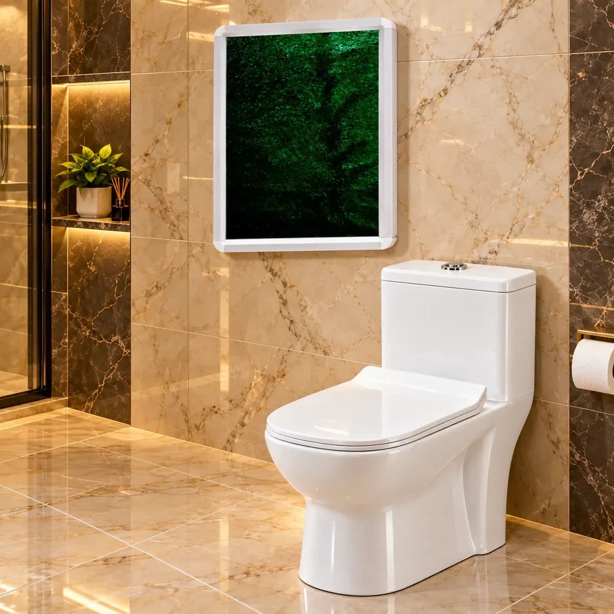 Small rectangular wall mirror with a white-looking edge and dark green reflection; a toilet is a scene prop.