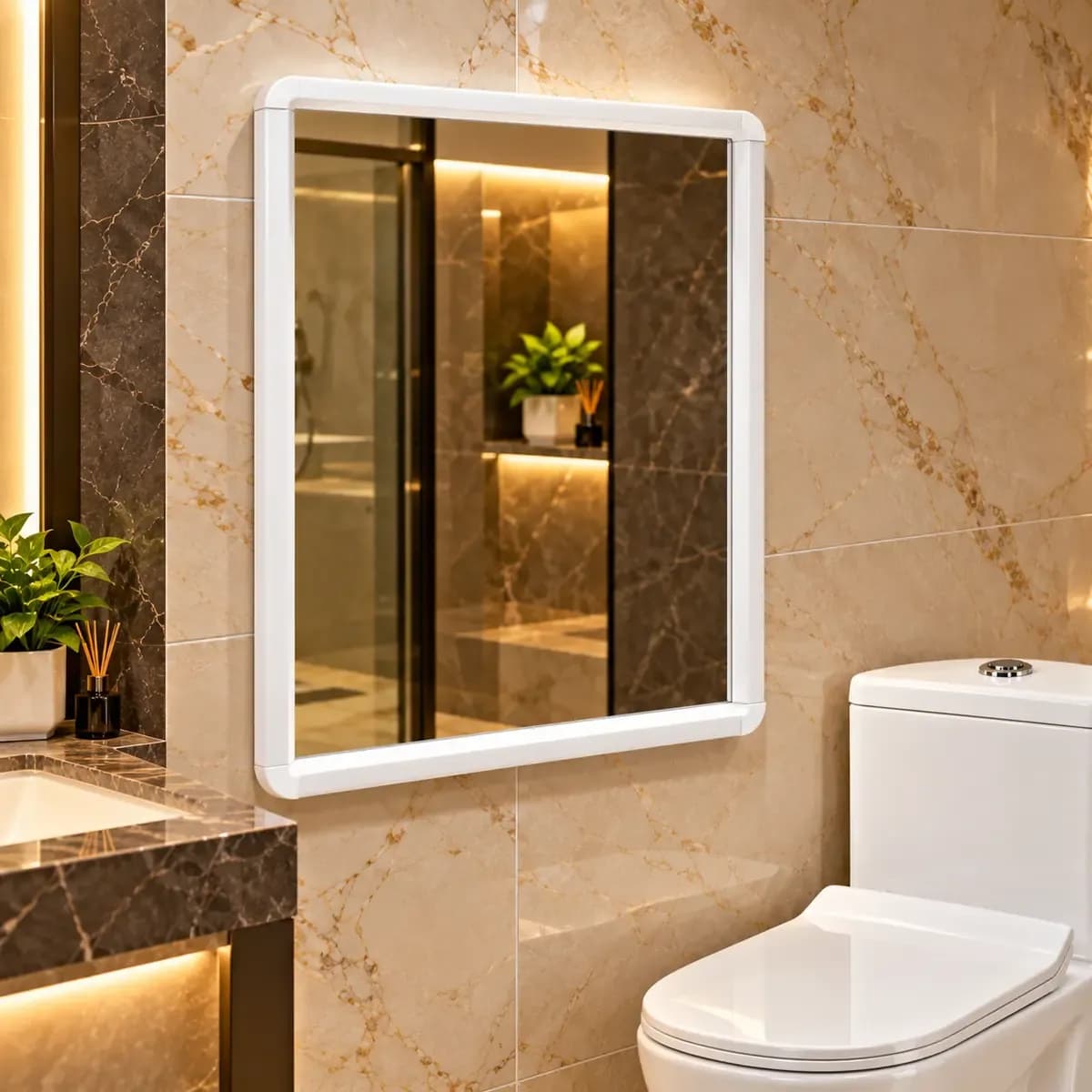 White-edged rectangular wall mirror reflecting a bathroom; a toilet is shown below and beside it.