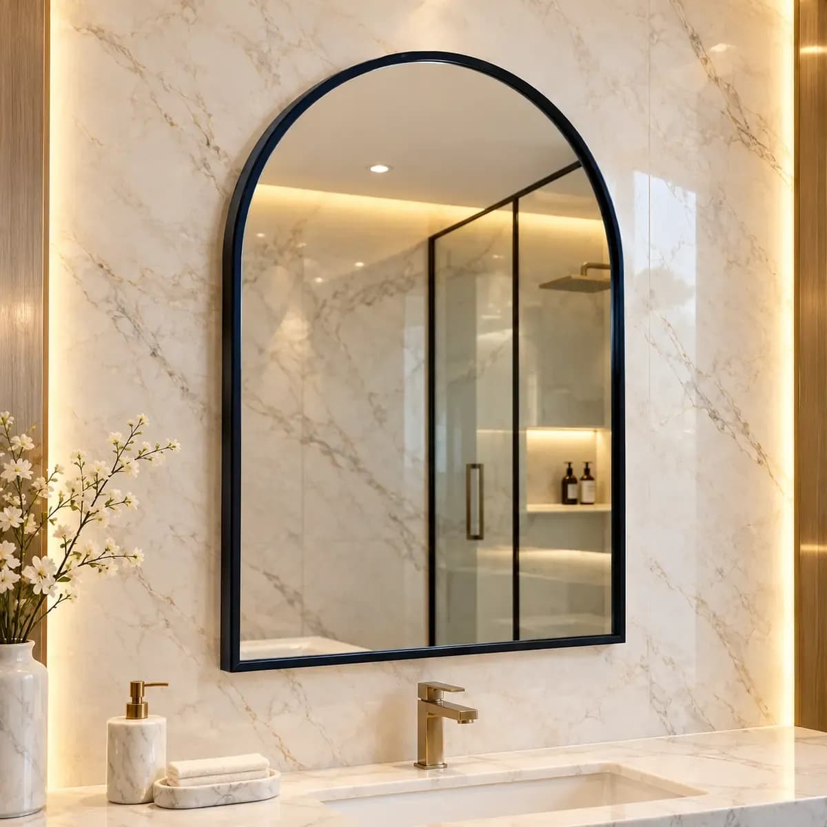 Mirror with an arched upper edge and straight lower edge, surrounded by a narrow dark frame.