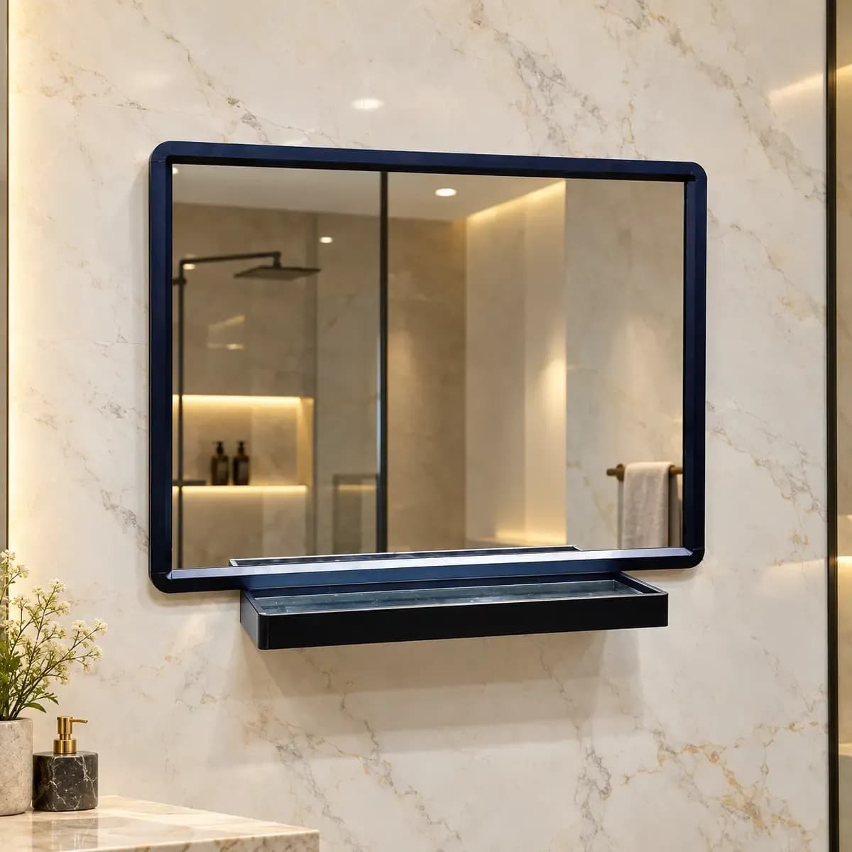 Wide rectangular dark-edged mirror with a matching-looking lower shelf.