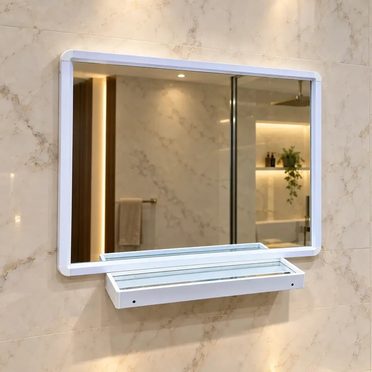 Wide white-edged mirror with a shallow lower shelf or tray.
