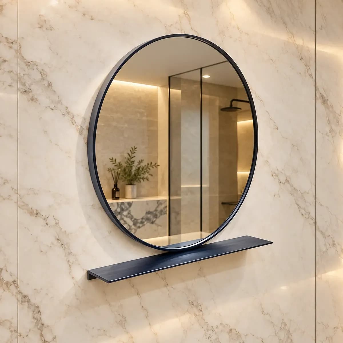 Oval dark-edged mirror shown above a narrow dark wall shelf.