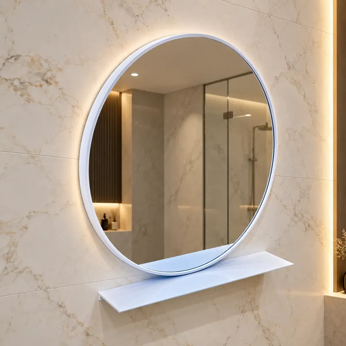 Oval pale-edged mirror shown above a white shelf; a glowing-looking border is depicted.