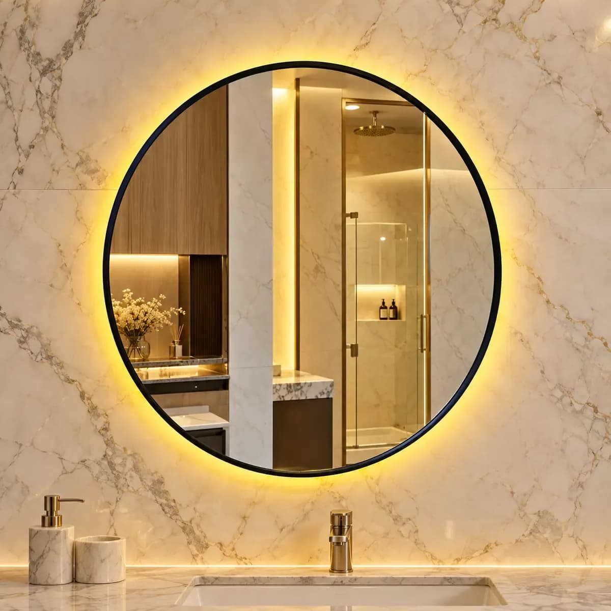 Round dark-edged mirror depicted with a bright warm-looking halo.