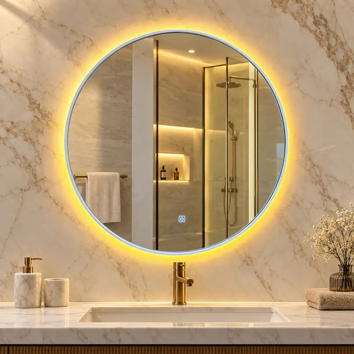 Round mirror with pale edge, depicted with a warm-looking halo and small control-like mark.