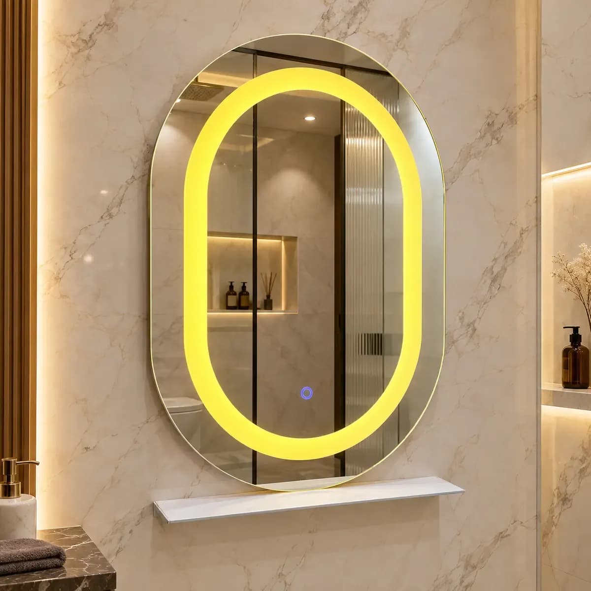 Upright oval mirror depicted with a broad illuminated-looking inner oval border and a lower shelf.